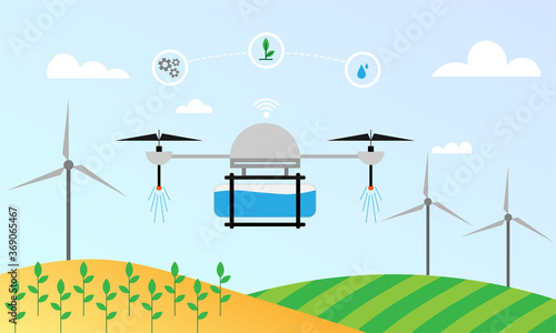 vector illustration of smart farming using drone technology, safety and fast, 4.0 industry concept.