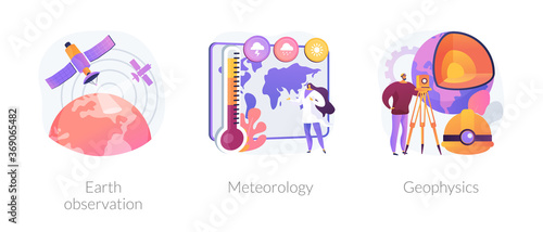 Planetary science abstract concept vector illustration set. Earth observation, meteorology and geophysics, satellite service, met station, weather prediction, space engineering abstract metaphor.
