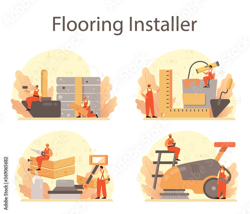 Flooring installer set. Professional parquet laying, wooden or tile photo