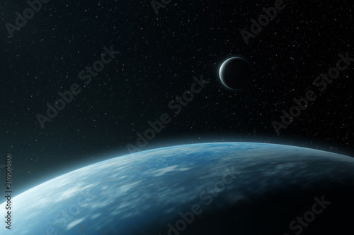 View of the surface of a blue planet with a satellite above the horizon line in space