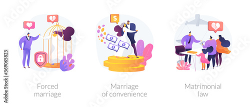Family law abstract concept vector illustration set. Forced marriage, marriage of convenience, matrimonial law, domestic violence, sexual abuse, child custody, wedding rings abstract metaphor.