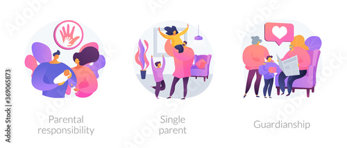 Child custody abstract concept vector illustration set. Parental responsibility, single parent, guardianship, social roles, child care, foster parenting, legal guardian authority abstract metaphor.