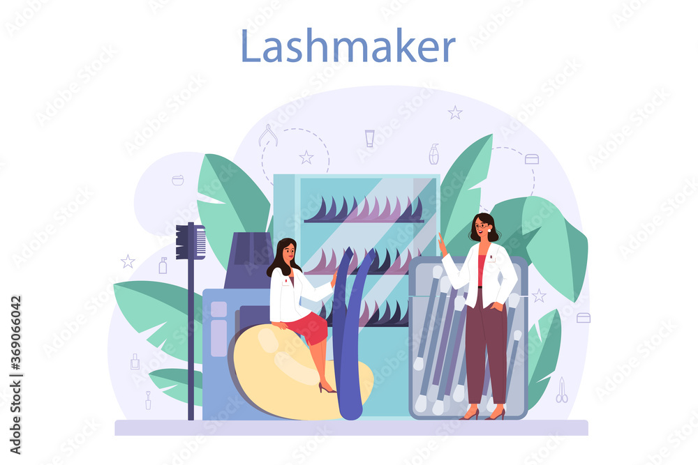 Fototapeta premium Lashmaker concept. Beauty center procedur. Female character puting