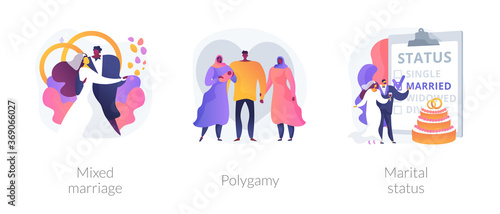 Legal status abstract concept vector illustration set. Mixed marriage, polygamy, marital status, multiracial family, persons relationship, different races and religions, wedding abstract metaphor.