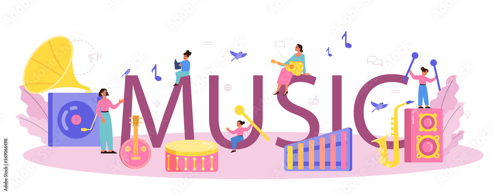 Music course typographic header. Young performer playing music