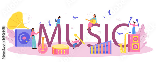 Music course typographic header. Young performer playing music
