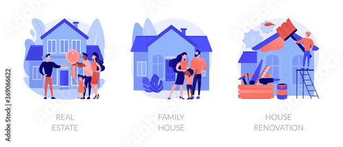 Private and commercial property market abstract concept vector illustration set. Real estate agency, family house, house renovation, home ownership, property value, mortgage loan abstract metaphor.