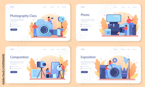 Photography school course web banner or landing page set. photo
