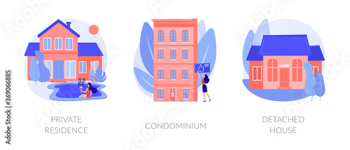 Single family home abstract concept vector illustration set. Private residence, condominium, detached house, land ownership, real estate market, stand-alone household, appartment abstract metaphor.