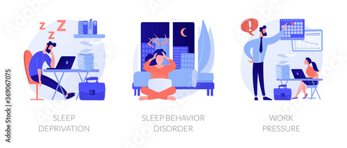 Stress management abstract concept vector illustration set. Sleep deprivation and behavior disorder, work pressure, insomnia, clinical diagnostic, mental health, chronic anxiety abstract metaphor.