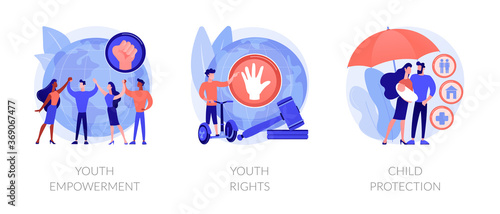 Young people rights protection abstract concept vector illustration set. Youth rights and empowerment, child protection, take action, improve life quality, involvement, voting age abstract metaphor.