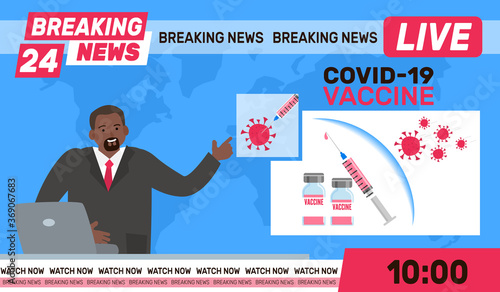 breaking news coronavirus covid 19 vaccine presentation   online tv translation newscaster in studio vector illustration