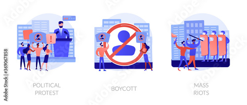 Public objection and disapproval abstract concept vector illustration set. Political protest, boycott, mass riots, demonstration, mass protest, consumer activism, street action abstract metaphor.