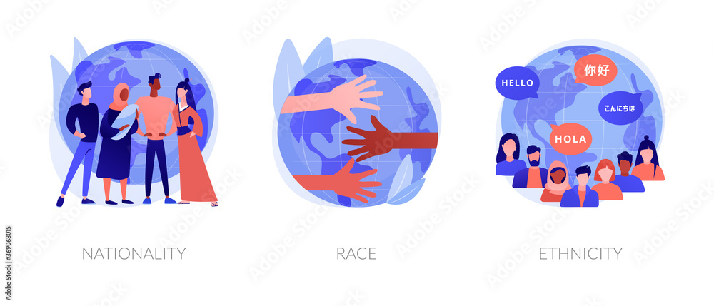 Human diversity abstract concept vector illustration set. Nationality, race and ethnicity, country of birth, passport, social difference, human rights, skin color, genetic code abstract metaphor.