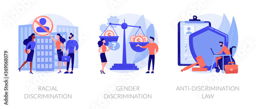 Civil rights violation abstract concept vector illustration set. Racial discrimination, gender discrimination, anti-discrimination law, mass protest, police brutality, gender roles abstract metaphor.