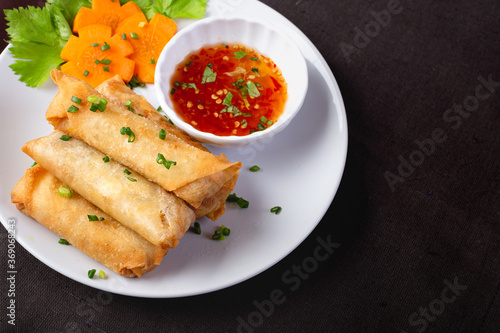 Fried spring rolls on a white plate