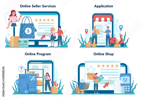 Seller online service or platform set. Professional worker in the supermarket