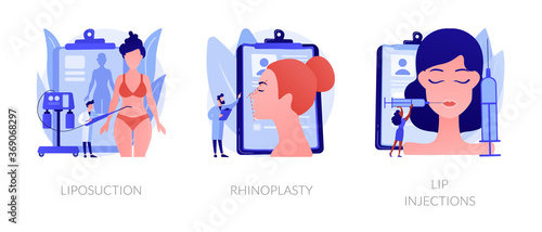 Beauty procedures abstract concept vector illustration set. Liposuction and rhinoplasty, filler lip injection, plastic surgery and body contouring, improve aesthetic appearance abstract metaphor.