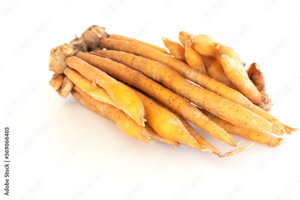 close up of Krachai or finger root an ingredient for seasoning and aromatic for Thai cooking, isolated on white background with copy space for text.
