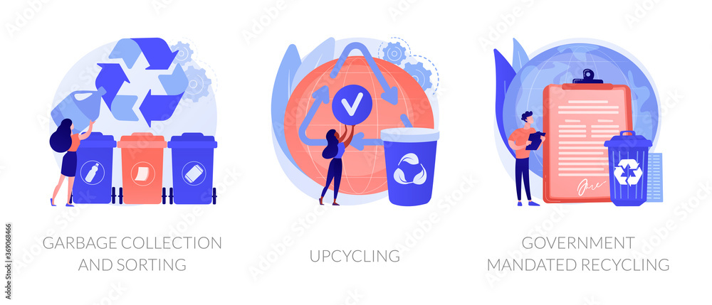 Fototapeta premium Waste collection and recycling problems abstract concept vector illustration set. Garbage sorting, upcycling, government mandated recycling, household disposal, creative reuse abstract metaphor.