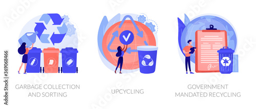 Waste collection and recycling problems abstract concept vector illustration set. Garbage sorting, upcycling, government mandated recycling, household disposal, creative reuse abstract metaphor.