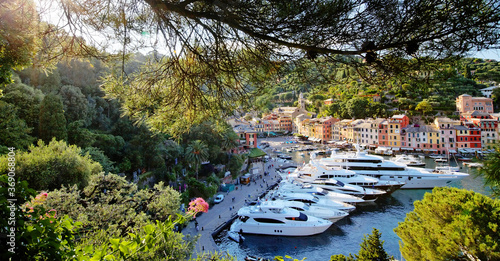Beautiful Portofino cityscape, best touristic Mediterranean place with typical colorful buildings and famous luxury harbor, Portofino, Liguria, Cinque Terre, Italy, Europe