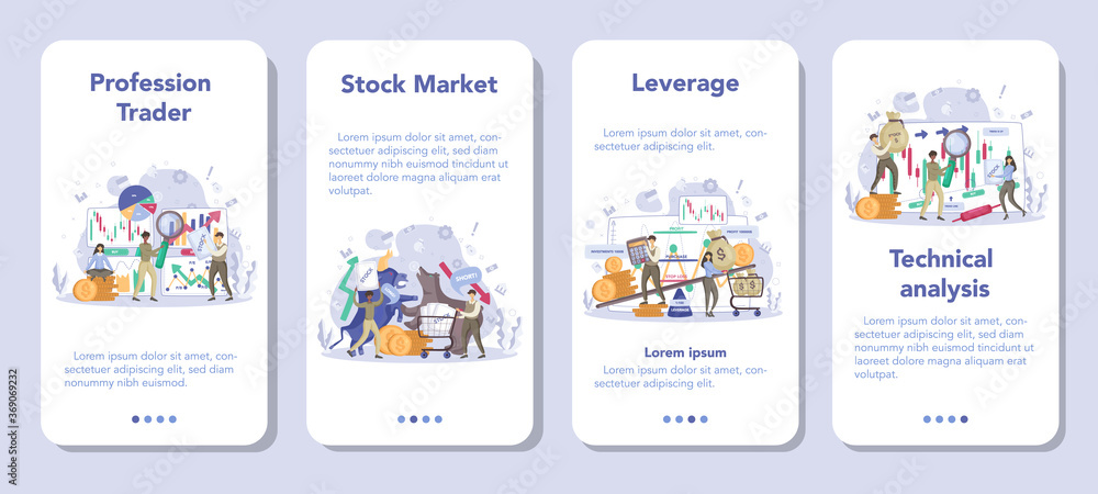 Trader, financial investment mobile application banner set. Stock market