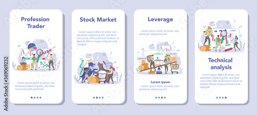 Trader, financial investment mobile application banner set. Stock market