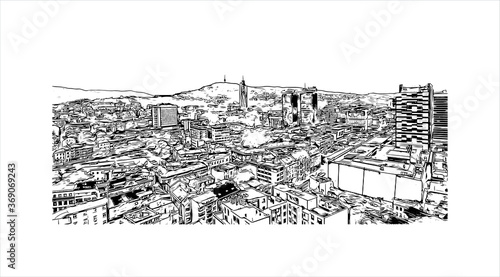 Building view with landmark of Sarajevo, capital of Bosnia and Herzegovina, is a compact city on the Miljacka River. Hand drawn sketch illustration in vector.