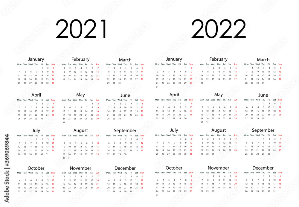 2021, 2022 calendar, week starts Monday. Vector illustration, flat design. - obrazy, fototapety, plakaty 