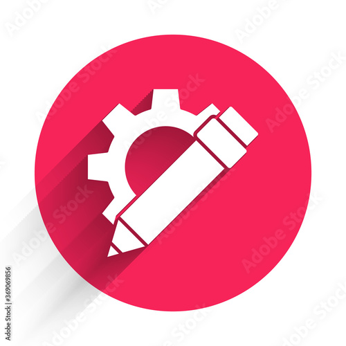 White Pencil and gear icon isolated with long shadow. Creative development. Blogging or copywriting concept. Red circle button. Vector Illustration.