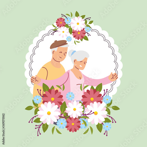 Grandmother and grandfather in circle with flowers vector design