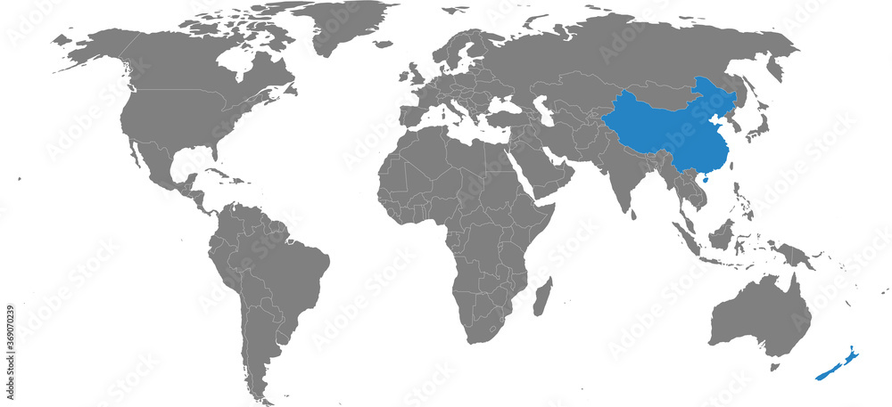 New Zealand, China countries isolated on world map. Gray background. Business concepts, diplomatic, travel and transport relations.