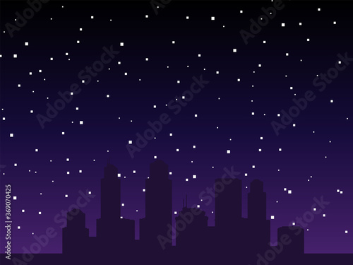 Vector pixel night city background. Pixel art background. 8bit