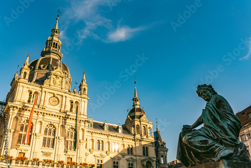 View on the town hall from the city square in Graz city.