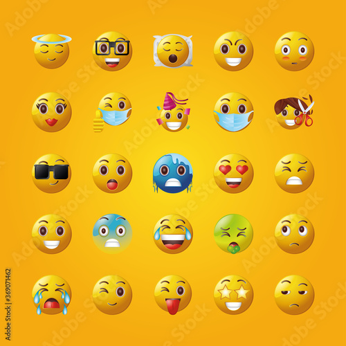 set of emoticons in yellow background