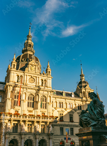 View on the town hall from the city square in Graz city.