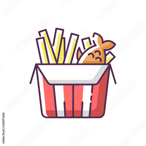 Fish and chips RGB color icon. British fast food. English take away meal. European lunch. Dinner delivery. Best national fried dinner. Australian junk food. Isolated vector illustration