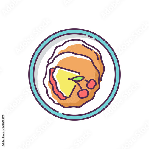 Crepe RGB color icon. Thin french pancakes. Fried dessert with cherry syrup. Yummy traditional dish. National european sweet food. Dining at restaurant. Isolated vector illustration