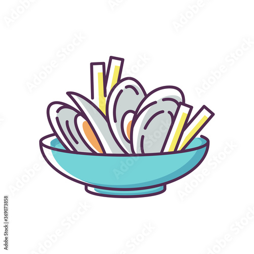Moules frites RGB color icon. Traditional mussels and chips. French national meal. Brussel culinary. European cuisine recipe. Ingredient for cookery. French fries. Isolated vector illustration