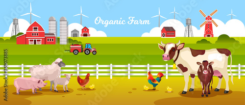 Organic farm landscape with cow, pig, sheep, lamb, chicken, rooster, fence, tractor, field, barn. Rural landscape with farming animals, wind turbine, mill, water tower. Agriculture vector background