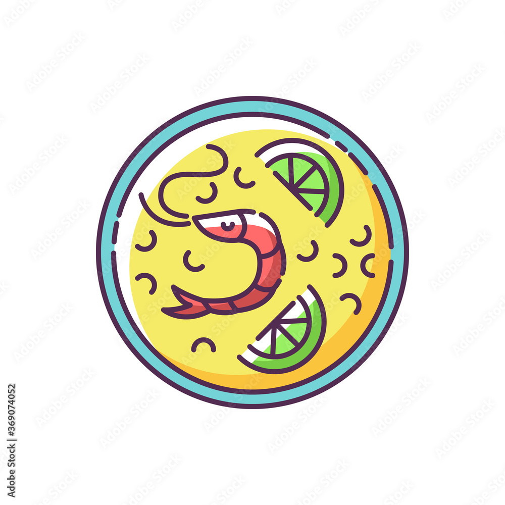 Paella RGB color icon. Spanish rice dish with seafood. Hot meal with fresh shrimp. Shellfish ingredient in restaurant dinner. Traditional cuisine. European cookery. Isolated vector illustration Paella RGB color icon. Spanish rice dish with seafood. Hot meal with fresh shrimp. Shellfish ingredient in restaurant dinner. Traditional cuisine. European cookery. Isolated vector illustration