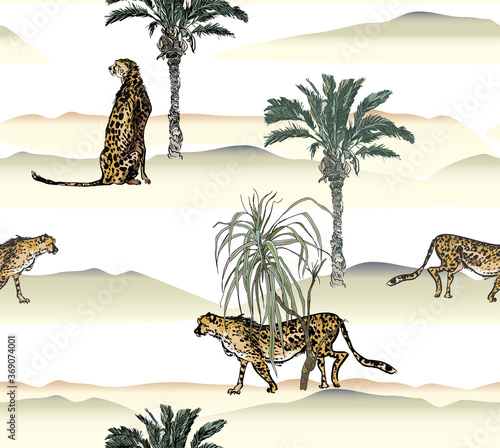 Cheetah Wildlife Animals in Safari Seamless Pattern, Exotic Animals and Palms in Desert Sand, Exotic Oriental Textile Design
