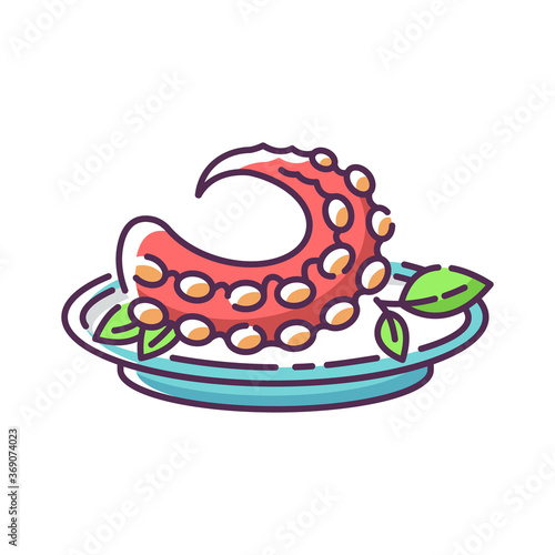 Polvo RGB color icon. Portuguese octopus meal. Traditional dish with fresh seafood. Japanese nutritious fish. Oriental cuisine. Ingredient for recipe. Raw octopus. Isolated vector illustration