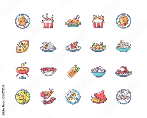 Best national dish RGB color icons set. Traditional meal for tourist attraction. Lunch recipe. Ingredient for restaurant dinner. French fries. Chinese sea food. Isolated vector illustrations