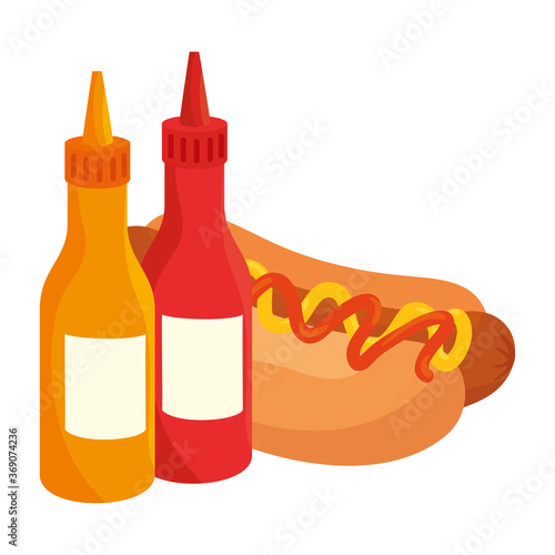 fast food hot dog with bottled sauces on white background