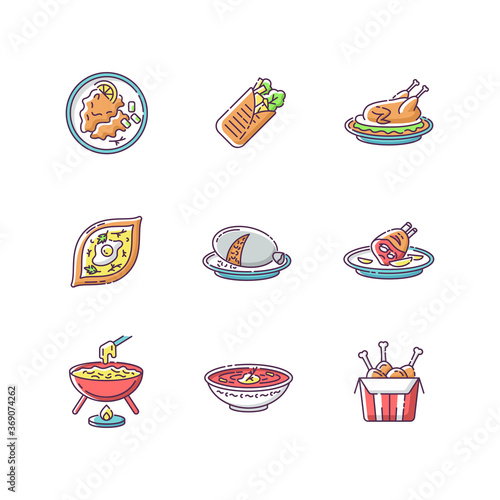 Cafe meals RGB color icons set. Wrapped shawarma with meat and lettuce. Peking duck. Ukrainian borscht. Khachapuri recipe. Scottish haggis. Exotic dish. Fast food. Isolated vector illustrations