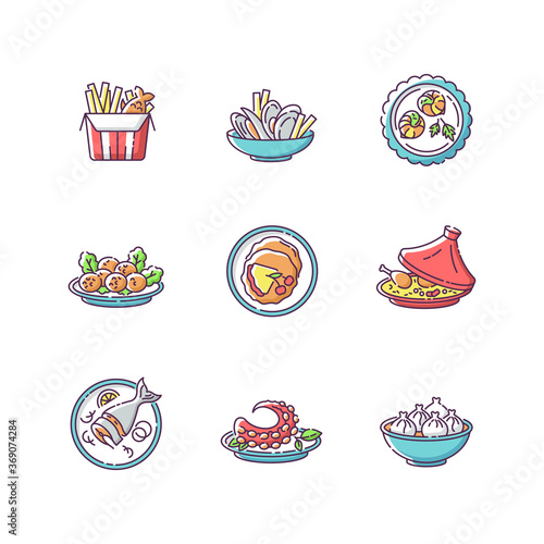 Restaurant dishes RGB color icons set. Fish and chips. Moules frites. Falafel dish. French crepe. Soused herring. Asian seafood. Chinese dumpling. Khinkali meal. Isolated vector illustrations
