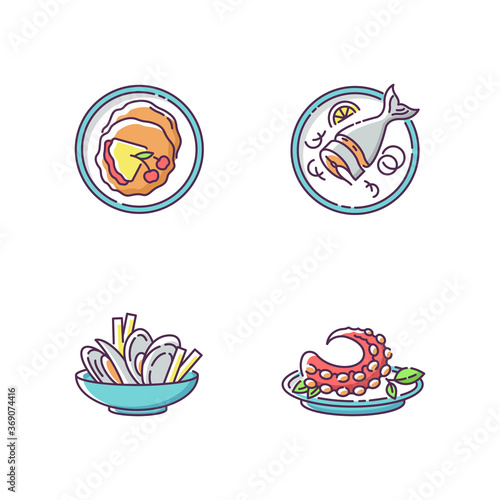 National dish RGB color icons set. French crepes. Thin pancakes. Soused herring. Mussels and chips. Octopus dish. Moules frites. Portuguese polvo. Restaurant meal. Isolated vector illustrations