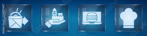 Set Online ordering noodles delivery, Online ordering and delivery, Online ordering burger delivery and Chef hat. Square glass panels. Vector.